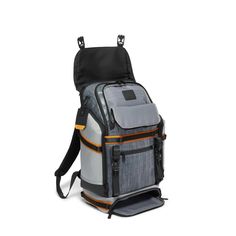 the back view of a backpack with straps on it and an external compartment for storage