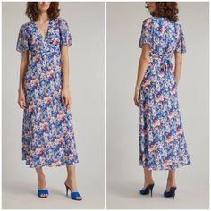 Rixo Florida Flutter-Sleeve Midi Dress - Us 8 Florida Dress Midi Length Straight Fit Empire Waist With Ties Bias-Cut Skirt V-Neckline Flutter Sleeves Viscose-Georgette Sleeves And Hem Vintage Daisy Print Concealed Side Zipper Pit To Pit - 17" Waist (Flat) - 15.5" Length - 53" Summer Workwear Midi Dress With Flutter Sleeve, Fitted Midi Dress With Butterfly Sleeves For Summer, Fitted Midi Dress With Butterfly Sleeves For Spring, Summer Workwear Dresses With Flutter Sleeves, Feminine Blue Maxi Dress With Short Sleeves, Formal Flutter Sleeve Midi Dress For Summer, Elegant Blue Midi Dress With Flutter Sleeves, Blue Summer Dress With Butterfly Sleeves, Blue Feminine Short Sleeve Maxi Dress