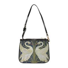 "Made with high-grade vegan leather, this unique shoulder bag adds a chic touch to any outfit. Its compact size (10\"w x 8\"h) and lightweight construction makes it the perfect accessory for carrying your essentials in striking style. Our Swan and Iris shoulder bag features stylized swans and irises from an 1875 dado wallpaper design by English painter and illustrator, Walter Crane (1845-1915). This design is evocative of ancient Egyptian imagery, while also peering into the future with a subtle but unmistakable foreshadowing of the art nouveau movement in its use of curved lines and natural elements. .: 100% high-grade vegan leather .: Polyester lining + 20-inch black strap .: Interior has two open pockets .: Gold-toned zipper and hardware .: Unique art history design you won't find anywh Daily Use Crossbody Evening Bag With Zipper, Cool Purses, Pregnant Man, Walter Crane, Unique Purses, Cool Iphone Cases, Curved Lines, Irises, Wallpaper Design