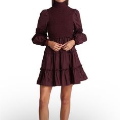 Fit And Flare Plum Burgundy Cinq A Sept Dress Fall A-line Ruched Dress, Burgundy Mini Dress For Spring, Elegant Burgundy Mini Dress For Spring, Fall Ruched Dress For Casual Wear, Burgundy Midi Mini Dress For Spring, Chic Mini Length Dress In Burgundy, Spring Burgundy Fitted Dress, Spring Burgundy Dresses With Ruffles, Spring Burgundy Dress For Brunch