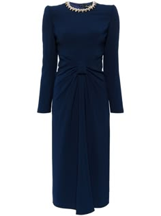 midnight blue crepe texture draped detailing crystal embellishment crew neck shoulder pads long sleeves concealed rear zip fastening straight hem below-knee length Blue Midi Dress With Draped Sleeves For Evening, Blue Midi Dress With Draped Sleeves, Knee-length Evening Dress With Pleated Sleeves, Navy Long Sleeve Midi Dress For Formal Occasions, Elegant Blue Midi Dress With Pleated Sleeves, Elegant Navy Midi Dress For Evening, Navy Long Sleeve Midi Dress For Party, Blue Crepe Dress, Laundry List