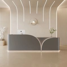 an empty reception area with white walls and flooring in front of a circular mirror on the wall