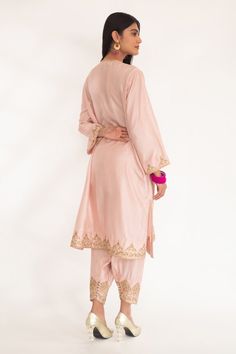 Pink kurta with zardozi embroidery on neckline and sleeve hem in floral pattern. Paired with border embroidered salwar. - Aza Fashions Embroidered Raw Silk Palazzo Set With Traditional Drape, Raw Silk Sets With Resham Embroidery In Traditional Drape, Embroidered Straight Kurta Set For Reception, Embroidered Raw Silk Palazzo Set, Fitted Silk Palazzo Set With Intricate Embroidery, Fitted Embroidered Silk Thread Sharara, Fitted Sets With Resham Embroidery In Silk, Fitted Tissue Silk Embroidered Fabric For Eid, Resham Embroidered Raw Silk Straight Kurta Set