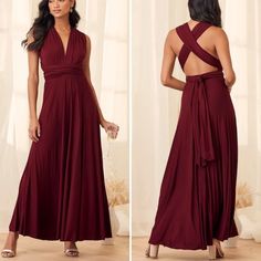 Lulu's Tricks Of The Trade Burgundy Maxi Dress. Versatility At Its Finest, The Lulus Tricks Of The Trade Burgundy Maxi Dress Knows A Trick Or Two... Or Four! Two, 73" Long Lengths Of Fabric Sprout From An Elastic Waistband And Wrap Into A Multitude Of Bodice Styles Including Halter, One-Shoulder, Cross-Front, Strapless, And More. Stretchy Jersey Knit Hugs Your Curves As You Discover New Ways To Play With This Fascinating Frock. Full, Maxi-Length Skirt Has A Raw Hemline. Size Medium. Brand New Wi Blush Formal Dresses, Pink Lace Maxi Dress, Lulus Maxi Dress, Burgundy Maxi Dress, Purple Maxi Dress, Cutout Maxi Dress, Maxi Gown Dress, Tie Dye Maxi Dresses, Red Dress Maxi