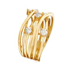 Ross-Simons - .50 ct. t. w. Diamond Highway Ring in 18kt Gold Over Sterling. Size 8. Glimmer in gold and dazzling diamonds. This on-trend design is comprised of crisscrossing bands of polished 18kt yellow gold over sterling silver sparked by .50 ct. t. w. diamonds. You can never go wrong with a stunning highway ring! 1/2" wide. Diamond highway ring. Diamond birthstones are the perfect gift for April birthdays. Modern Diamond Rings, Contemporary Silver Jewelry, Star And Moon Necklace, Hand Rings, Model Ideas, Diamond Rings Design, Baguette Diamond Rings, Diamond Birthstone, White Topaz Rings