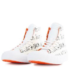 Nwob Condition Converse Men’s The Unt1tl3d High Top Sneakers Are Not Your Ordinary Chucks. They Feature The Classic Look But With "Not A Chuck" Written All Over The Sneakers. Give These A Try! Canvas Upper Rubber Outsole Shoelace Closure Pull Tab "Not A Chuck" Written All Over High-Top White With Orange Details Men’s 9.5 Converse Custom Sneakers With Vulcanized Sole For Sports, Converse High-top Sneakers For Streetwear With White Sole, White High-top Sneakers With Vulcanized Sole For Sports, Converse High-top Sneakers With Logo Print, White High-top Canvas Shoes For Sports, White High-top Sneakers With Logo For Streetwear, White Vulcanized Lace-up Basketball Shoes, White Lace-up Basketball Shoes With Vulcanized Sole, Converse Urban Sneakers With Boost Midsole