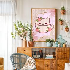 a living room filled with furniture and potted plants on top of a wooden cabinet