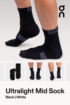 This is the ultralight performance sock with extra protection for runs and races | On Men's Ultralight Mid Sock in Black/White, Size: 44-45. Lightweight, high-performance, breathable Road Running, Competition, Trail Running. Performance Outdoor | Polyamide/Polyester Running Competition, Running Socks, Road Running, Trail Running, High Performance, Socks, Black White, Running, Road