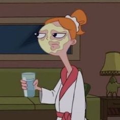 a cartoon character holding a glass in her hand