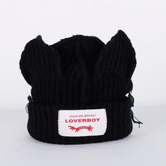 Loverboy Cat Ear Beanie - true deals club Casual Cat Ears Beanie For Winter, Casual Warm Beanie With Cat Ears, Casual Winter Hat With Ears, Casual Knitted Beanie With Cat Ears, Casual Warm Hat With Cat Ears, Casual Warm Cat Ears Hat, Trendy Black Adjustable Beanie, Trendy Adjustable Black Beanie, Casual One Size Hats With Ears