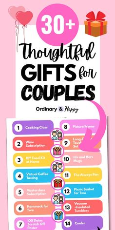 a poster with the words, 30 thoughtful gifts for couples on it and an image of balloons