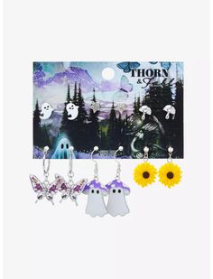 Thorn & Fable Ghost Sunflower Mushroom Earring Set Hot Topic Earrings, Light Cottagecore, Mushroom Ghost, Mushroom Earring, Butterfly Mushroom, Scary Cute, Location Icon, Acrylic Set, Floral Butterfly