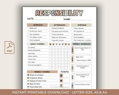 a printable editable responibity sheet with the words, date and time on it