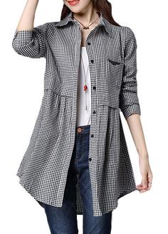 Button Closure Plaid Print Long Sleeve Curved Shirt on sale only US$24.95 now, buy cheap Button Closure Plaid Print Long Sleeve Curved Shirt at lulugal.com Womens Trendy Tops, Trendy Tops For Women, Plaid Print, Mode Inspiration, Trendy Tops, Tops For Women, Shirt Sale, Upcycle Clothes, Sewing Clothes