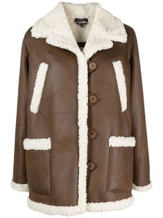 cognac brown/cream white faux leather faux-shearling lining notched lapels front button fastening long sleeves two chest welt pockets two front patch pockets straight hem Apc Clothing, Coat Outfits, Shearling Jacket, Faux Fur Jacket, Faux Leather Jackets, Lady Dior, Outerwear Jackets, A P, Fashion Branding