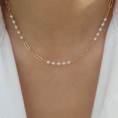 Material: gold plated brass Length: 14" + 3" extension IMPORTED Diy Pearl Jewelry, Fancy Jewelry Necklace, Beaded Jewelry Necklaces, Fancy Jewellery Designs, Pearl Necklace Designs, Diy Jewelry Necklace, Necklace Love