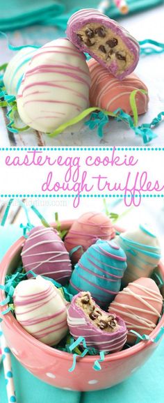 easter cookie doughnut truffles in a pink bowl on a blue table cloth