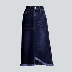 Welcome to the 2023 Autumn Collection! Step into the '90s with this timelessly chic and modern dark denim skirt. Crafted with a high waist. zipper & button closure. and unequal hem. this pebble-washed skirt is a classic combination of iconic and modern fashion.Why You'll Fall In LoveThis denim skirt is the perfect piece to add to your wardrobe. Its high waist and slouchy fit ensure maximum comfort and trend. The asymmetrical hem adds a unique touch to the classic denim skirt. while the stonewash Asymmetrical Hem Denim Skirt In Medium Wash, Casual Asymmetrical Hem Dark Wash Denim Skirt, Casual Dark Wash Skirt With Asymmetrical Hem, Casual Dark Wash Bottoms With Asymmetrical Hem, Casual Bottoms With Asymmetrical Hem In Dark Wash, Denim Skirt With Frayed Asymmetrical Hem, Casual Asymmetrical Hem Skirt, Mid-rise Dark Wash Denim Skirt With Frayed Hem, Fall Dark Wash Denim Skirt With Frayed Hem