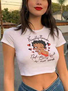 ⚡️Buy Cartoon Graphic Crop Tee White L under $16.00 in Short Sleeves Online. Style: Casual. Color: White. Fabric Content: 100% Polyester. Fit Type: Skinny. Sleeve Length: Short Sleeve. ✓Free Shipping on all orders over US$69. Girls Streetwear, Slim Fit Crop Top, Crop Top Casual, Baby Tees, Cute Crop Tops, Cropped Tops, Print Crop Tops, Red Lipstick, Tee Shirt Print