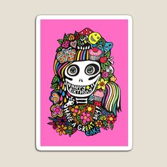 a skull with colorful hair and flowers on it's head, says happy birthday