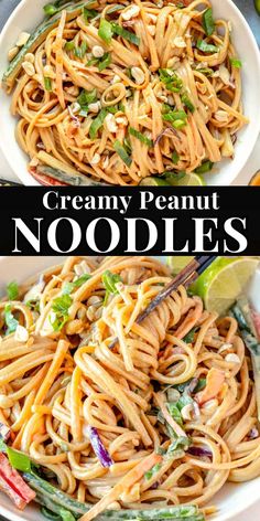 creamy peanut noodles with asparagus and green beans in a white bowl