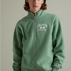 Brand New With Tags - Size Small - Unisex Oversized Fit - Champion Quarter-Zip Sweatshirt Spring Half-zip Sweatshirt With Zipper Closure, Half-zip Sweatshirt With Zipper Closure For Spring, Crew Neck Tops With Zipper For Spring, Spring Crew Neck Tops With Zipper Closure, Green Half-zip Cotton Sweatshirt, Green Half-zip Cotton Top, Green Casual Sweatshirt With Zipper Closure, Green Casual Sweatshirt With Zipper, Spring Streetwear Half-zip Top