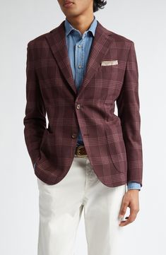 A wine-hued plaid patterns this Italian-tailored sport coat cut in a softly structured silhouette from pure wool and detailed with meticulous pickstitching. Front button closure Notched lapels One-button cuffs Chest welt pocket; front patch pockets 100% wool Dry clean Made in Italy Designer Clothing Sport Coats, Fabric Gift Bags, Nordstrom Store, Fabric Gifts, Wool Plaid, Free Fabric, Sport Coat, Plaid Pattern, Welt Pocket