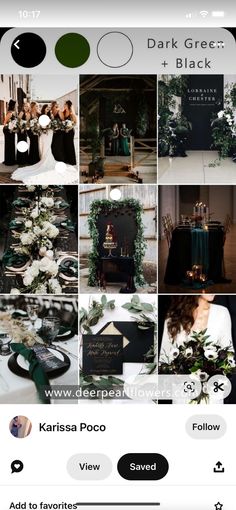 the dark green and black wedding theme is featured in this instagram photo collage