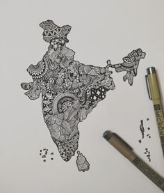 an ink drawing of india on paper with markers