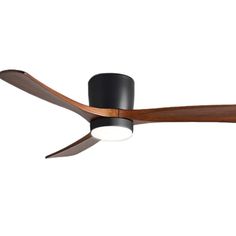 a black ceiling fan with wooden blades and a light on the top, against a white background