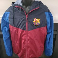 Fcb Barcelona Windbreaker New With Tags Size Large Sports Season Fan Apparel Outerwear, Sporty Team Logo Outerwear For Sports, Sporty Outerwear With Team Logo For Sports, Red Casual Windbreaker For Sports Events, Casual Red Windbreaker For Sports Events, Functional Windbreaker For Sports Events, Moisture-wicking Windbreaker For Sports Events, Sportswear Windbreaker For Sports Season, Fcb Barcelona