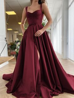 A-Line/Princess Court Train Straps Sleeveless Satin Ruffles Dresses Ruffles Dresses, Satin Ruffle Dress, Glitter Prom Dress, Satin Prom Dresses, Dark Red Dresses, Mini Homecoming Dresses, Dresses With Pockets, Prom Dresses With Pockets, Red Dresses Classy