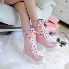 FREE SHIPPING!!! Material: PU Size listing is U.S. size, please give a look to the size table picture then chose the size you need. Heel height: 9cm Origin: Made in China Kawaii Boots, Lace High Heels, Chunky Ankle Boots, Kawaii Shoes, Sweet Lolita, Platform High Heels, Martin Boots, Mid Calf Boots, Rubber Heels