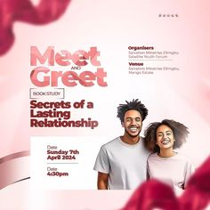 an advertisement for meet and greet with two people smiling at the camera in front of a pink background