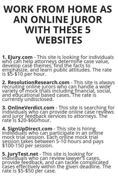 an advertisement with the words work from home as an online juror with these 5 website's