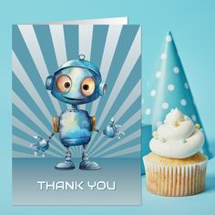 a thank you card with an image of a robot holding a cupcake in front of it