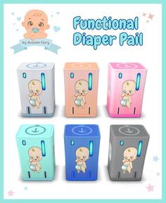 an image of baby diaper pail in different colors and sizes, with the words functional paper pail on it