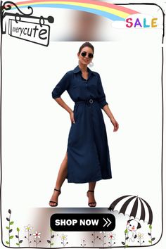 Navy Blue Button Down Split Maxi Shirt Dress Casual Blue Belted Maxi Dress, Blue Belted Button-up Dress, Belted Blue Shirt Dress For Summer, Chic Blue Midi Shirt Dress, Elegant Blue Shirt Dress For Day Out, Blue Short Sleeve Shirt Dress For Fall, Blue Button-up Midi Dress For Office, Casual Collared Maxi Dress With Button Closure, Blue Maxi Dress With Pockets For Daywear