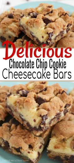 delicious chocolate chip cookie cheesecake bars stacked on top of each other with the title above it