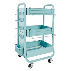 a blue cart with two trays on it