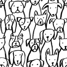 a black and white drawing of many dogs