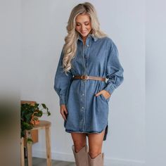 Oversized Denim Boyfriend Pocket Jean Collar Shirt Dress Long Sleeve Button High-Low This Chic Denim Dress Is A Elevated Choice That's Functional With Pockets, Comfortable With A Quality Cotton Blend Material And Effortlessly Perfect. Minimalist Style With A Modern Contemporary Twist That Can Easily Transition From Day To Night, Making This A Playful Choice. Collared Neckline With A Button Front Gives The Option To Wear Open Offering Versatility With Deeper V-Neckline. With An Oversized Boyfrien Shirt Dress Long Sleeve, Long Sleeve Denim Dress, Collar Shirt Dress, Shirt Dress Long, Collared Shirt Dress, Timeless Wardrobe Staples, Denim Chic, Denim Shirt Dress, Long Shirt Dress