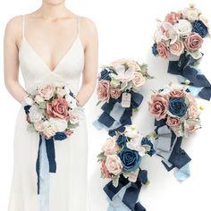 PRICES MAY VARY. Ideal Bridesmaid Bouquet for Wedding - This dusty rose and navy bouquet for bridesmaid is well made of high quality silk and foam, suitable for different occasions. Our wedding bouquet will make you and girls more elegant, bringing a dreamy sweet atmosphere to your wedding. Elegant Artificial Flower - This pre-made flower bouquets decorated with variety of roses and different types of greeny, enriching the color of the bouquet. Well-made material enhance the texture of flower bo Flower Boquettes For Bridesmaid, Bridesmaids Bouquets Rings, Light Pink And Navy Bridal Party, Blush Pink Navy Blue Wedding Bouquet, Dusty Rose And Navy Blue Wedding Theme Dresses, Navy Bridesmaid Dresses With Pink Flowers, Blush Pink And Blue Bridal Bouquet, Tiffany Blue Copper Dusty Rose Wedding, Royal Blue And Blush Pink Bouquet