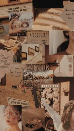 a collage of photos with words and pictures on them, including an image of a woman's face