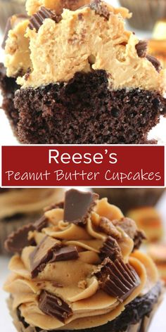 there is a chocolate cupcake with peanut butter frosting on the top and bottom