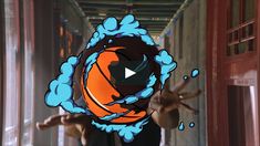 an animated image of a basketball being thrown into the air by two people in front of a doorway