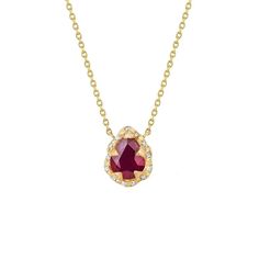 14k gold and pear shaped ruby, fracture filled for clarity enhancement, necklace from the Queen collection with 0.05ctw sprinkled white diamonds on a 16" or 18" chain. Ruby Necklace, Ruby Sapphire, Hand Chain, Water Drop, Emerald Diamond, White Diamonds, The Queen, Rose Cut, Pear Shaped