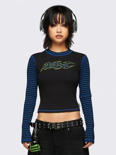 Own the Y2K grunge look with our Tribal Black Top with striped blue long sleeves. This Acubi-inspired piece packs serious Gen X Soft Club flair. Shop now at Minga London! Stripe Long Sleeve Outfit, Striped Long Sleeve Outfit, Gen X Soft Club, Unif Clothing, Early 2000s Style, Minga London, Neckline Slimmer, London Models, Long Sleeve Outfits