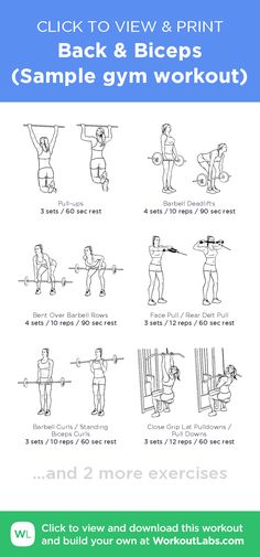 the back and biceps workout guide is shown with instructions for how to do it