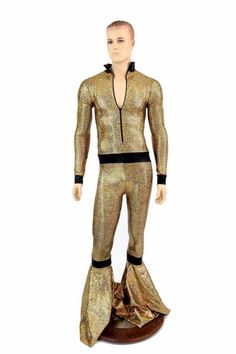 Mens "Funky Frank" Gold Fish Scale Long Sleeve Zipper Front Collared Bell Bottom Catsuit w/Black Mys Fitted Costume Sets For Winter, Costume Long Sleeve Stretch Bodysuit, Stretch Long Sleeve Costume Bodysuit, Stretch Long Sleeve Bodysuit For Costume, Fitted Winter Party Costumes, Fitted Long Sleeve Set For Costume Party, Fitted Costume Sets For Fall, Fitted Fall Costume Sets, Fitted Fall Party Costume